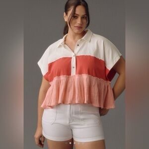 Anthropologie Pilcro Bonfire Ruffle Rugby Gauze Cotton Short Sleeve Top Sz L